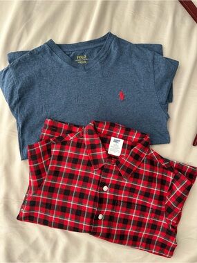 (SET) Polo Ralph Lauren Heather Blue long sleeve & Red Black Plaid Button Shirt